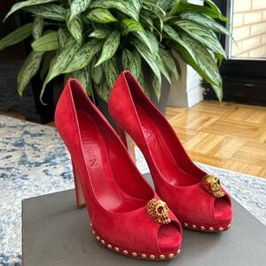 Alexander McQueen Red Suede Skull Platform Pumps